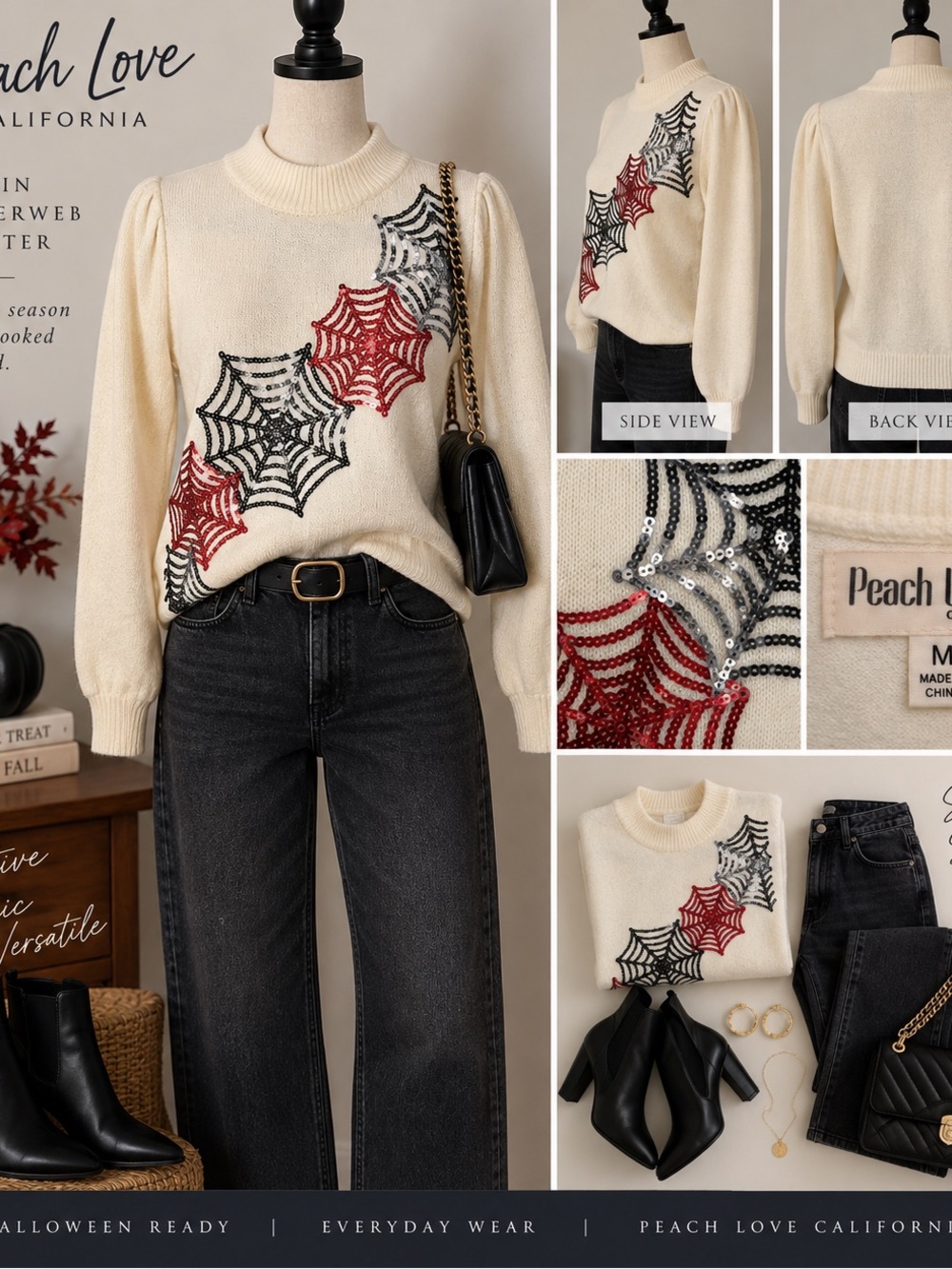 Peach Love California Sequin Spiderweb Halloween Sweater Ivory Medium
